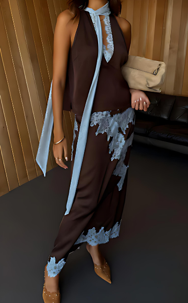 Blue Lace Skirt Suit