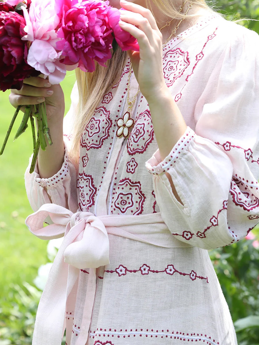 Floral Embroidery Belted Maxi Dress