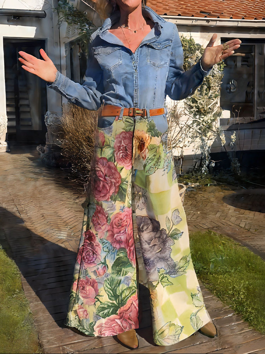 Denim Patchwork Printed High Waist Pants