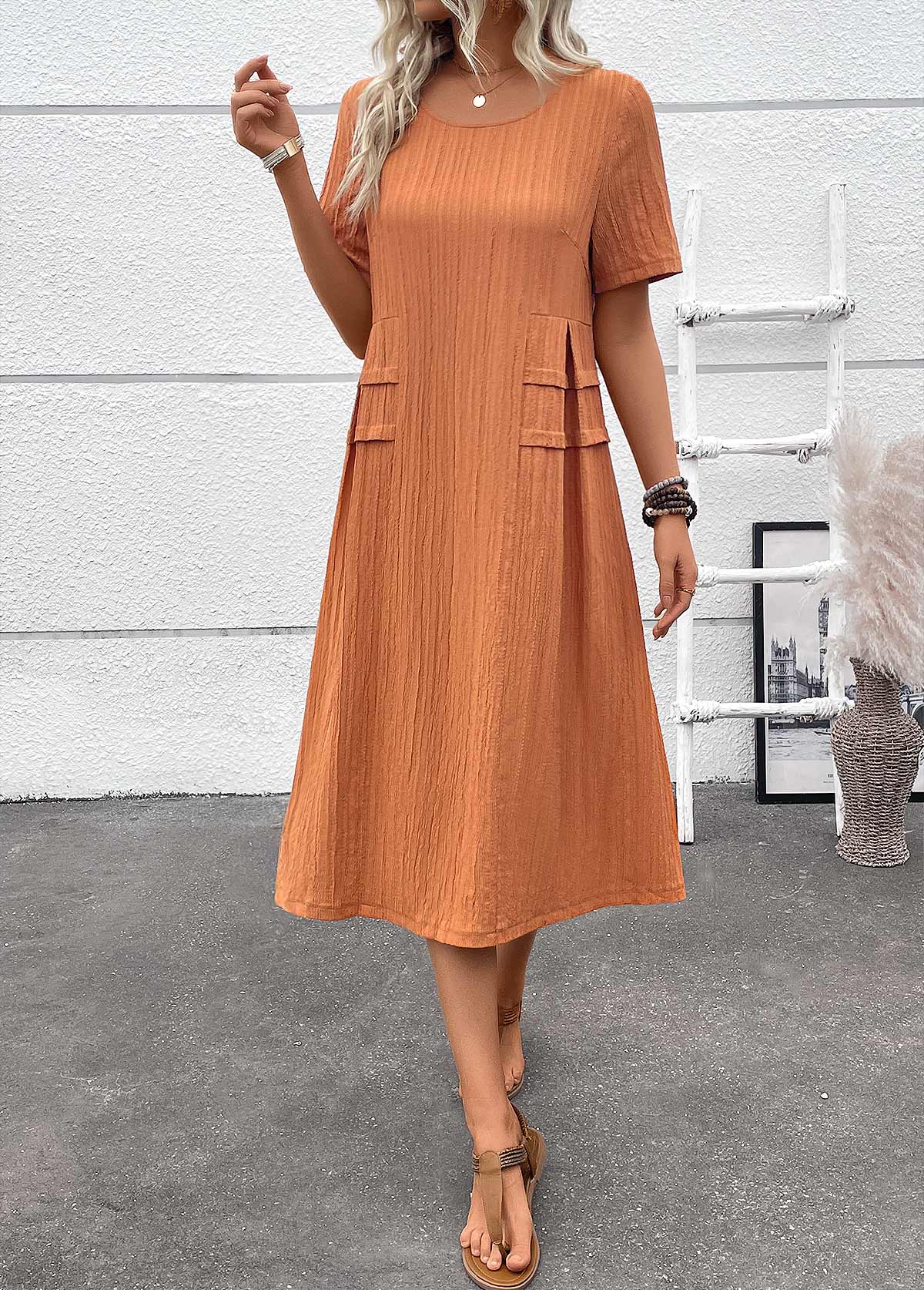 Terracotta Patchwork A Line Short Sleeve Round Neck Dress