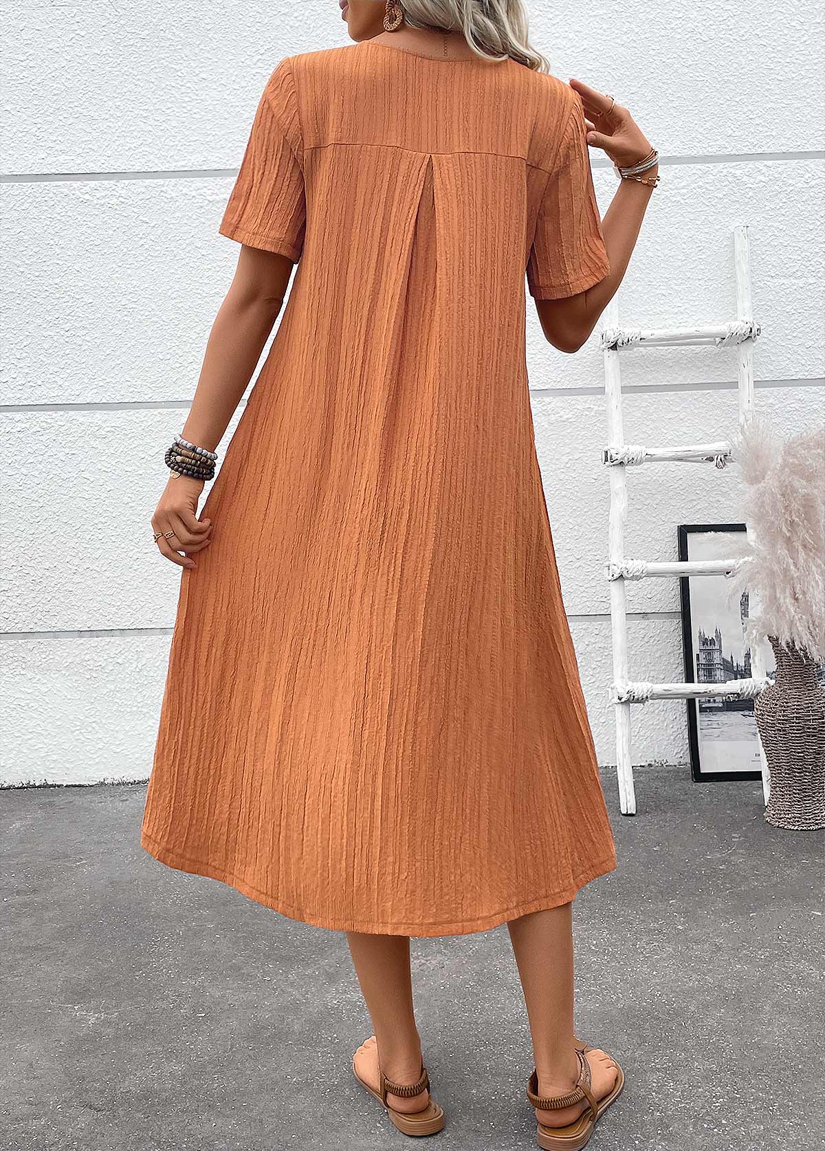 Terracotta Patchwork A Line Short Sleeve Round Neck Dress