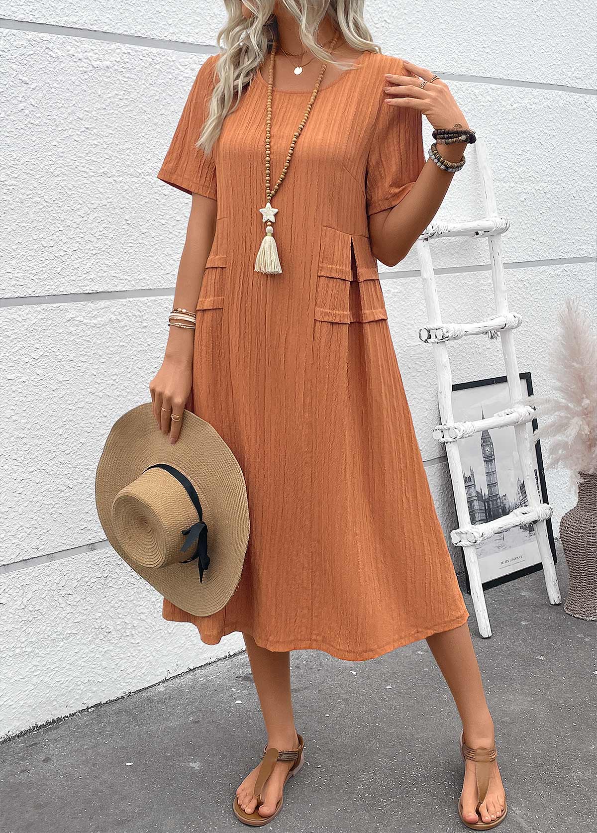 Terracotta Patchwork A Line Short Sleeve Round Neck Dress