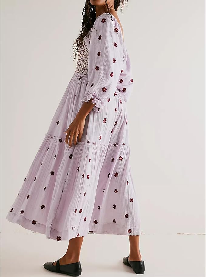 Women Floral Embroidered Maxi Dress with Pockets