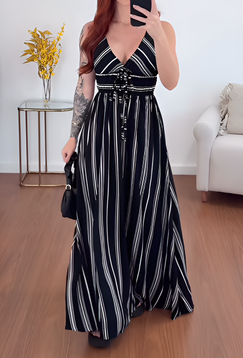 Deep V Striped Maxi Dress