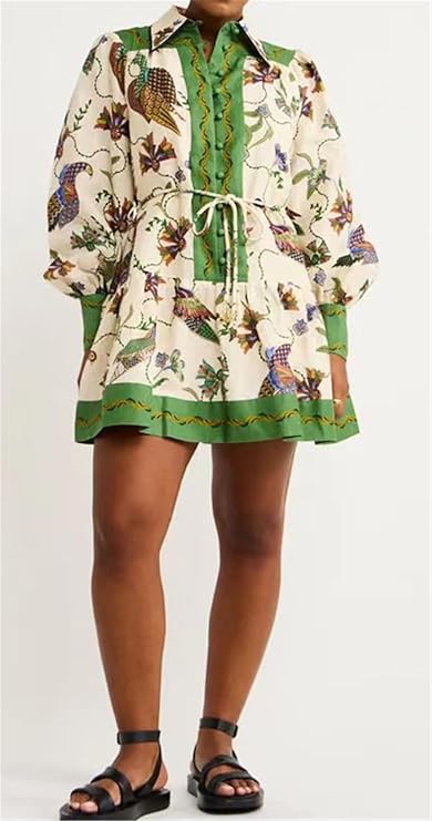 Women's Long Puff Sleeve V Neck Button Printed Dress
