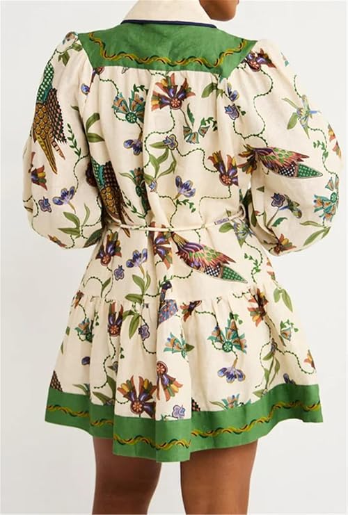 Women's Long Puff Sleeve V Neck Button Printed Dress