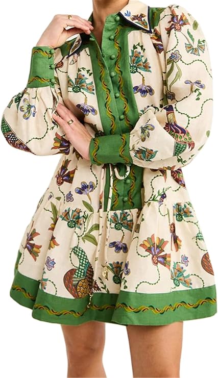 Women's Long Puff Sleeve V Neck Button Printed Dress
