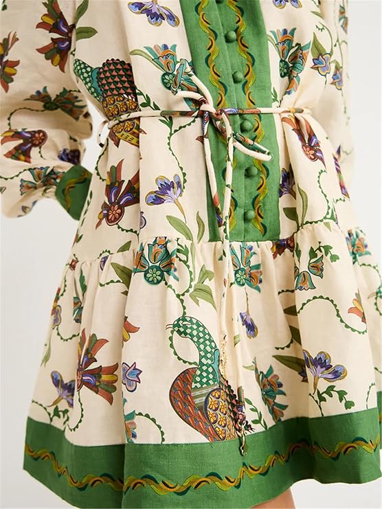 Women's Long Puff Sleeve V Neck Button Printed Dress