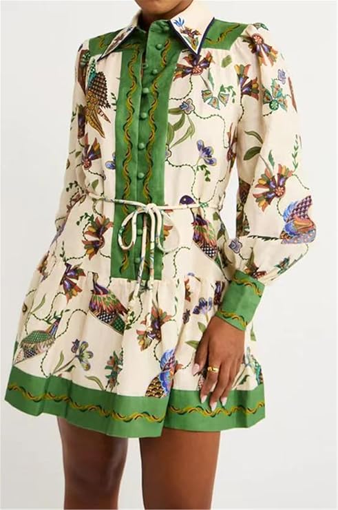 Women's Long Puff Sleeve V Neck Button Printed Dress