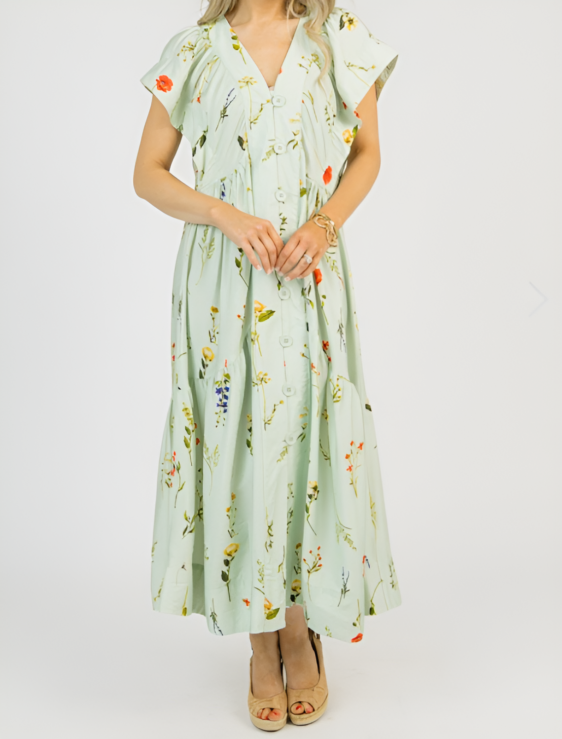 Mint Wild Flower Button Midi Dress