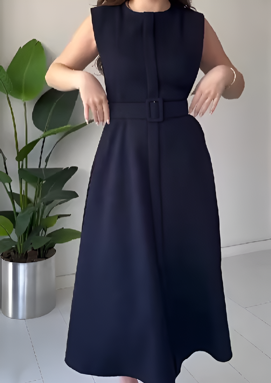 Elegant Solid Color Tie Belt Dress