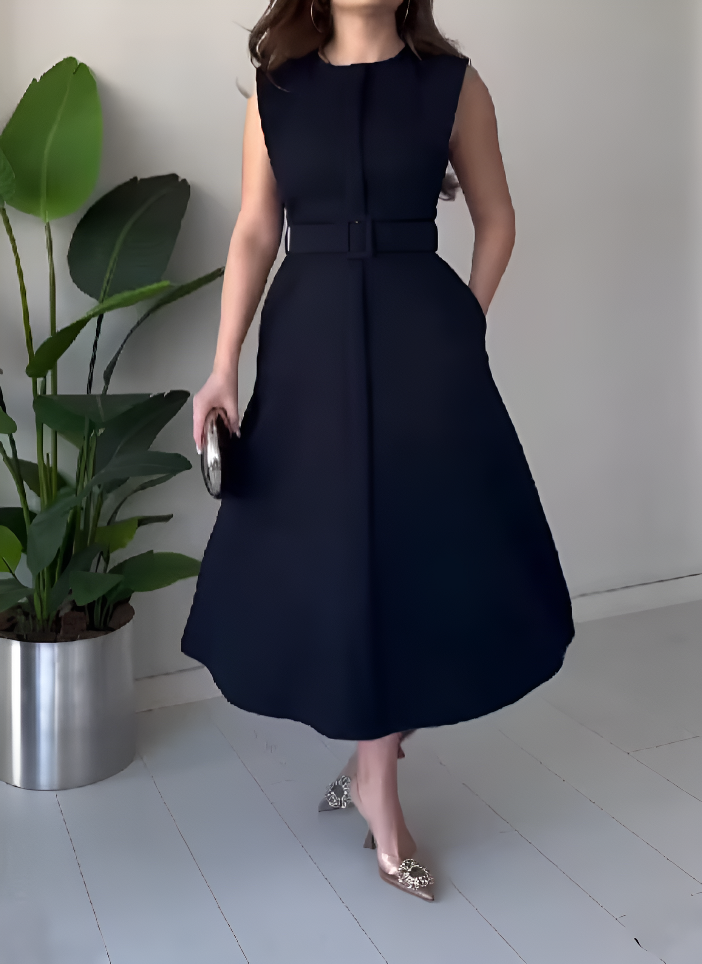 Elegant Solid Color Tie Belt Dress