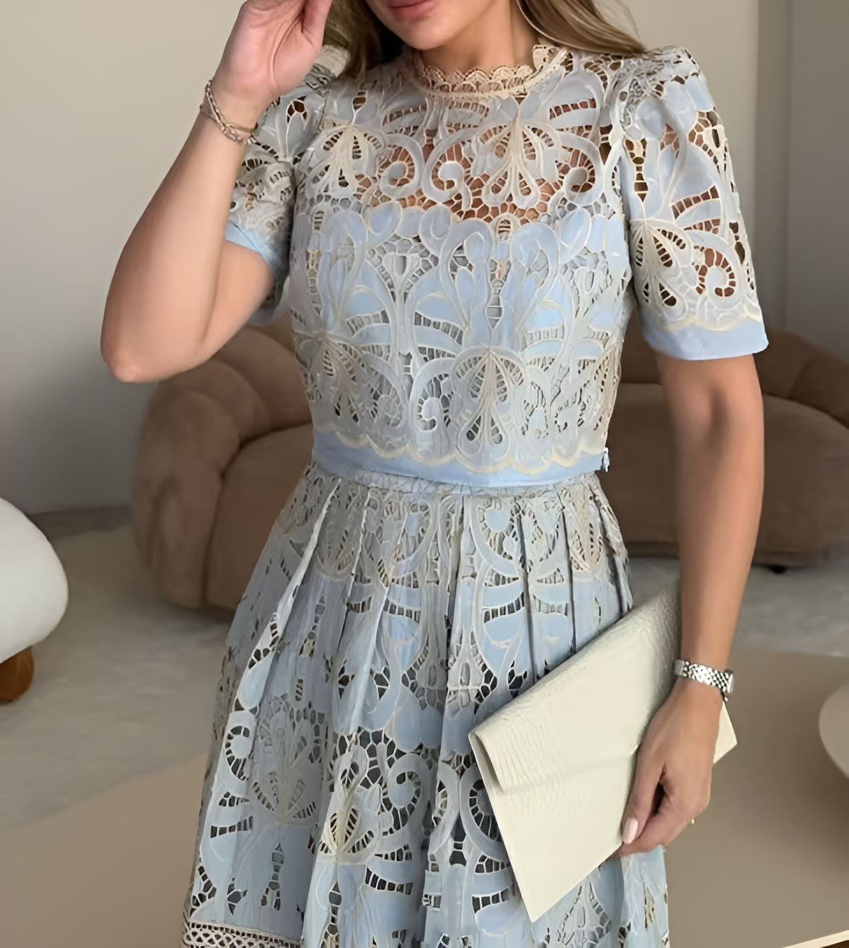 Elegant Blue Lace Skirt Suit