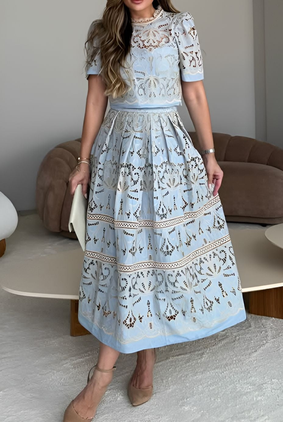 Elegant Blue Lace Skirt Suit