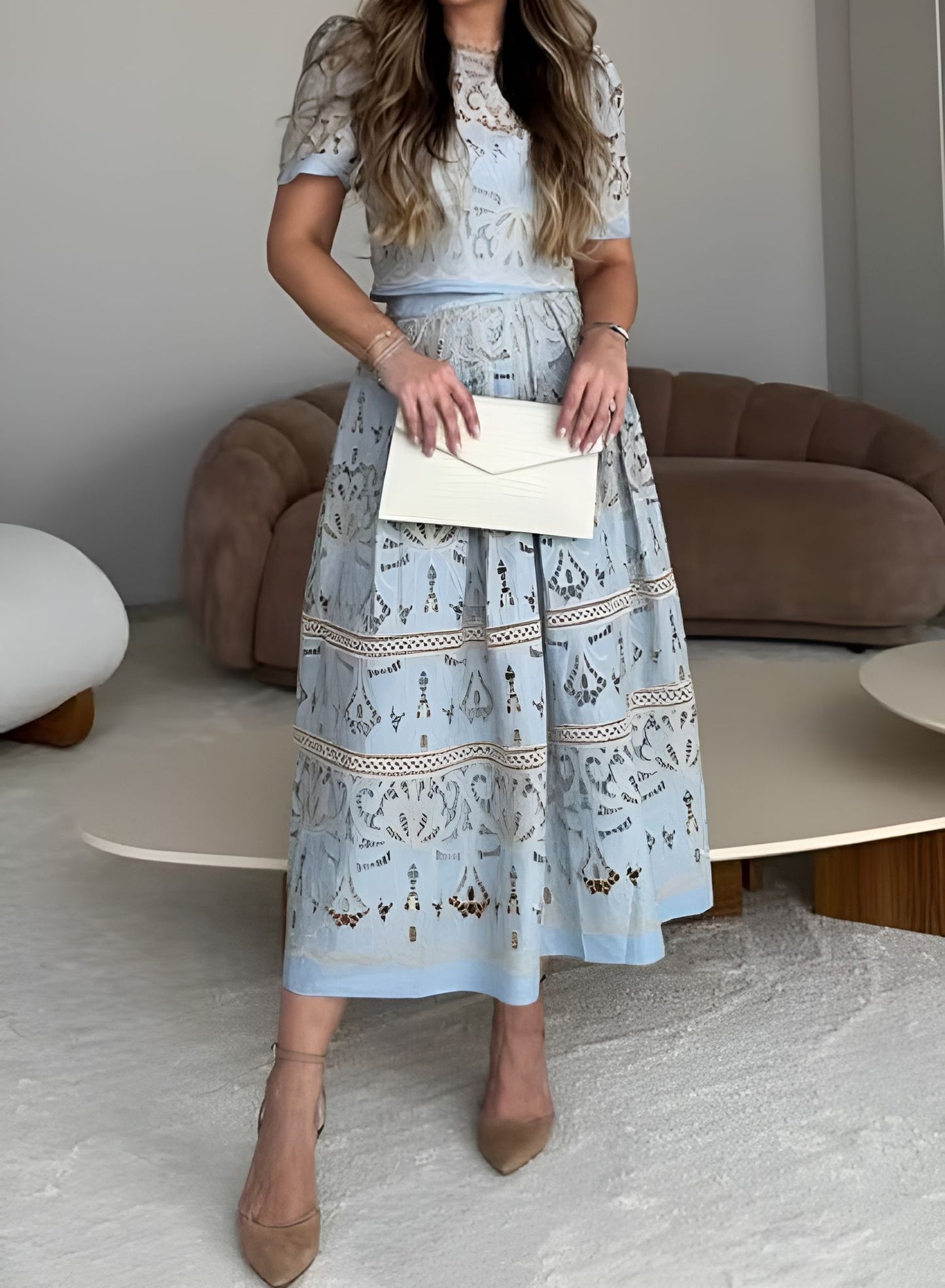 Elegant Blue Lace Skirt Suit