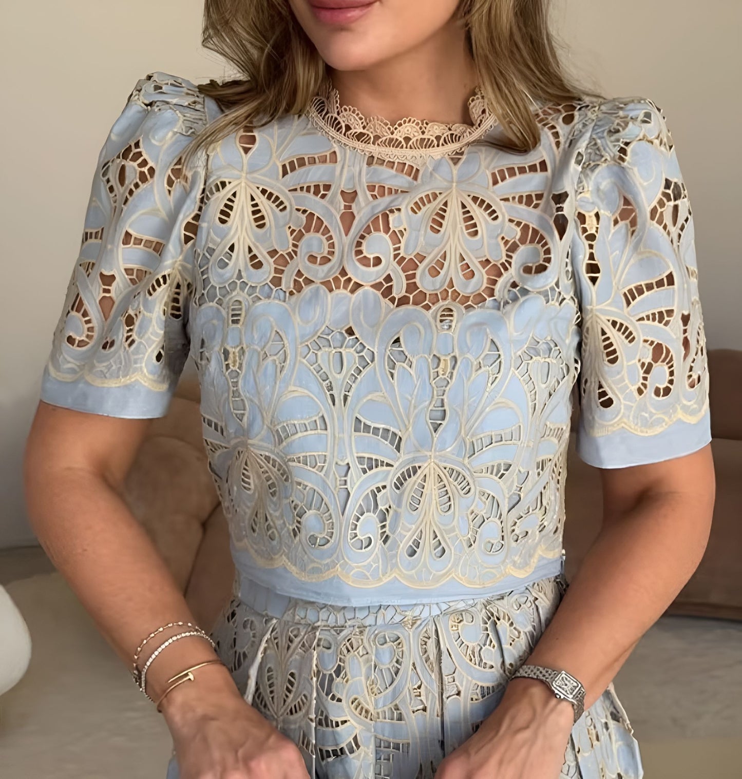 Elegant Blue Lace Skirt Suit