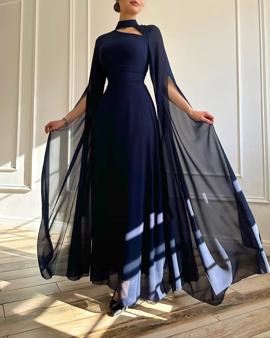 Navy Blue Flowing Gauze Long Dress