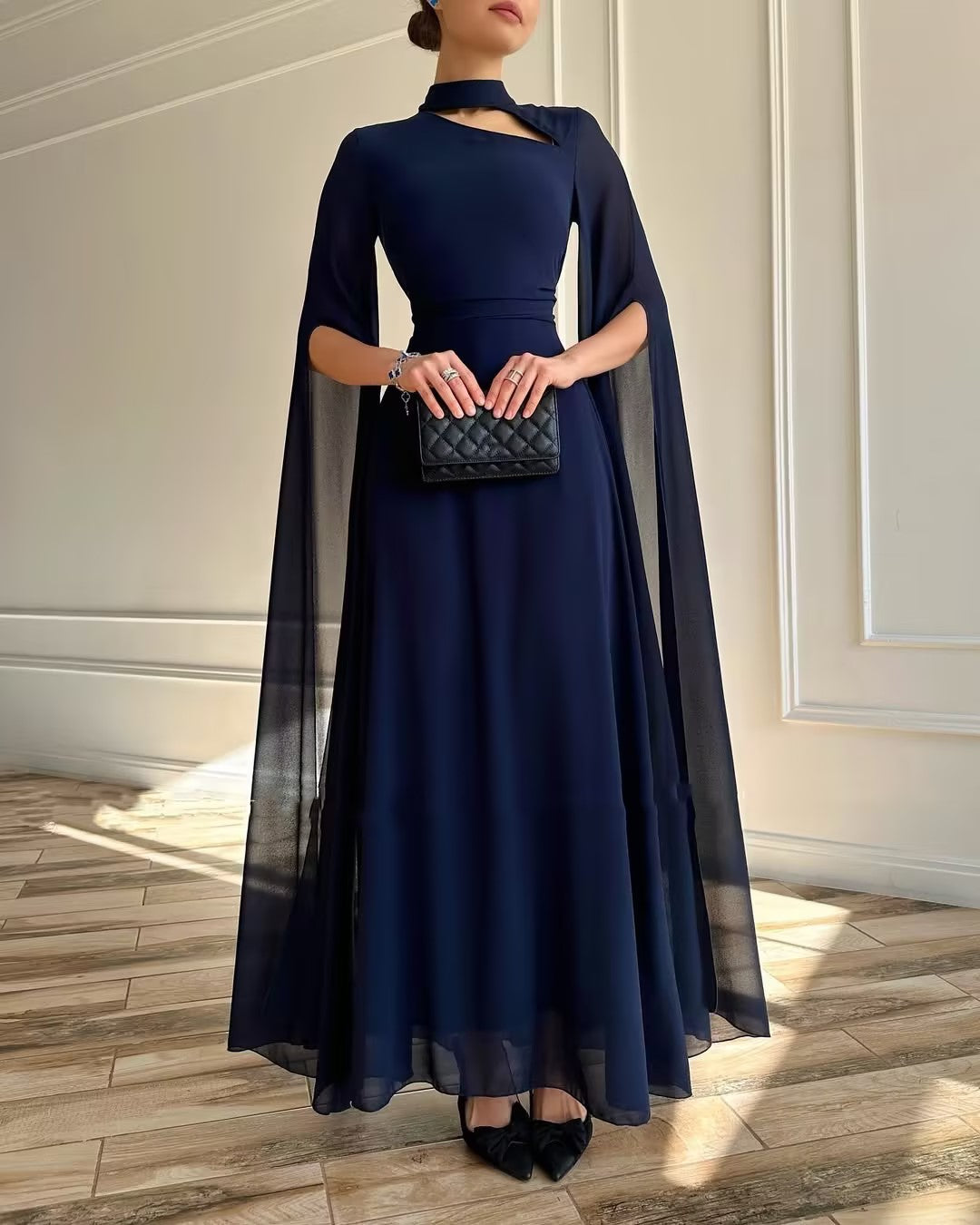Navy Blue Flowing Gauze Long Dress
