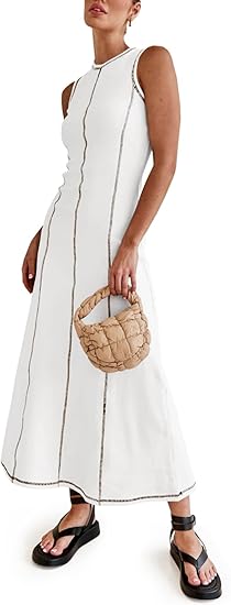 Womens Sleeveless Stitch Ribbed Tank Maxi Dresses