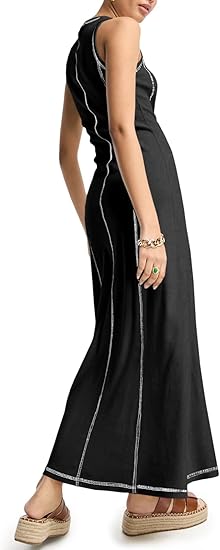 Womens Sleeveless Stitch Ribbed Tank Maxi Dresses