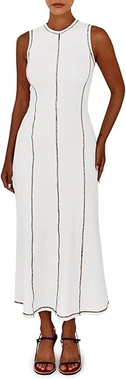Womens Sleeveless Stitch Ribbed Tank Maxi Dresses
