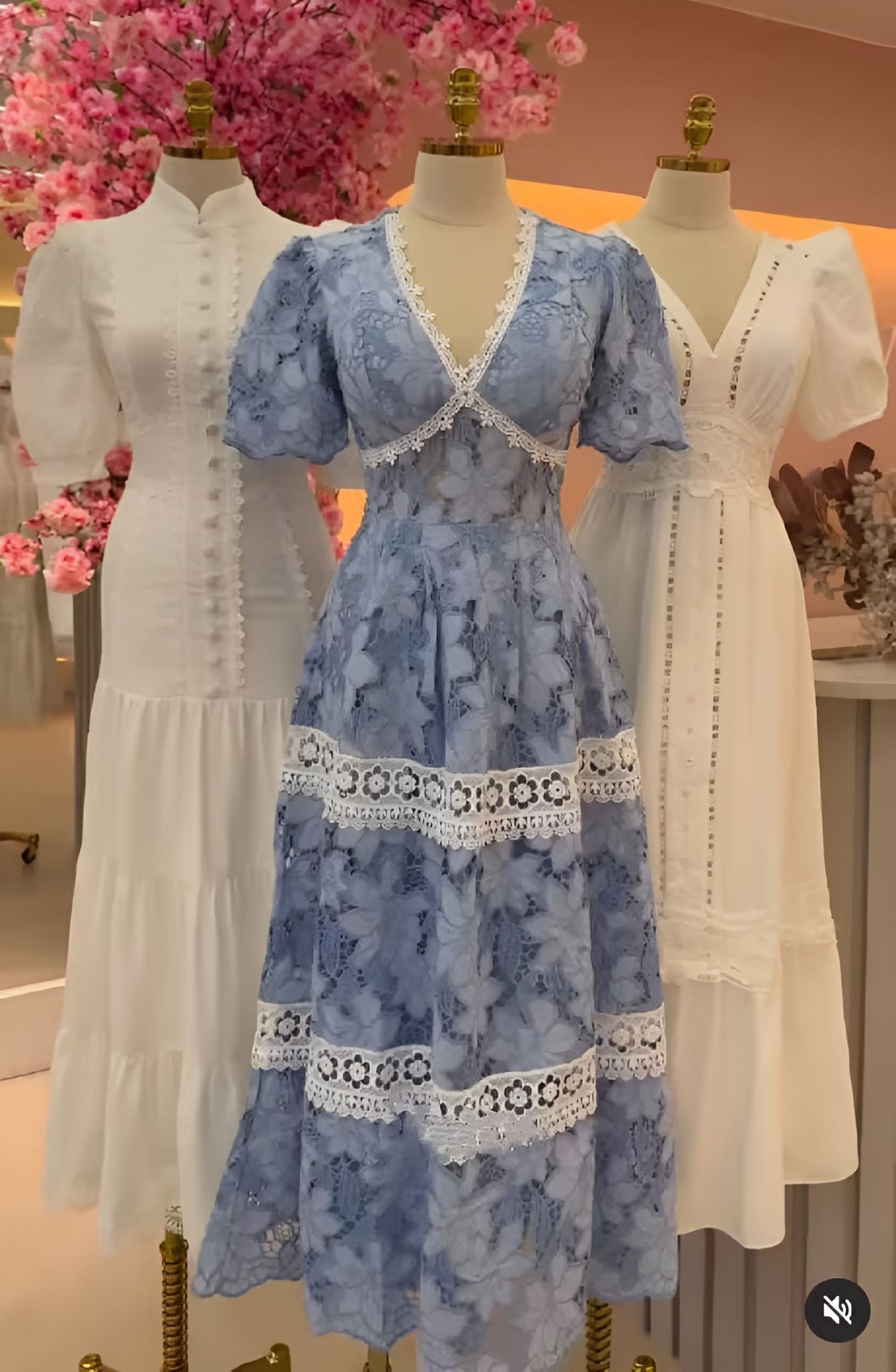 Blue V-Neck Lace Dress