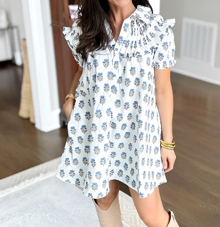 Blue Printed Ruffle Short Dress