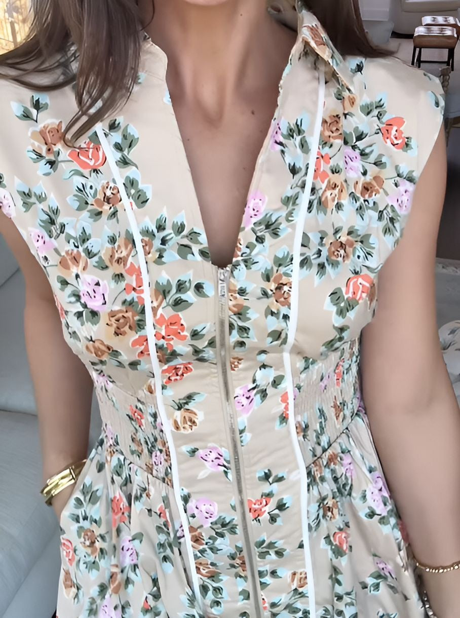 Printed Zipper Sleeveless Short Dress