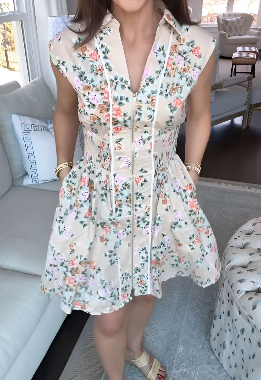 Printed Zipper Sleeveless Short Dress