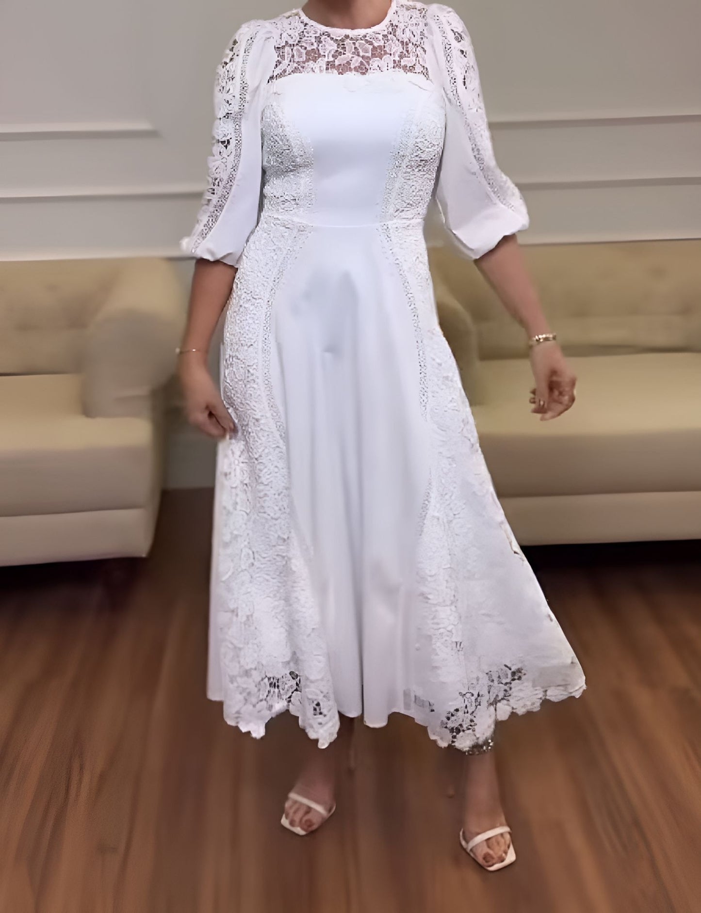 Elegant White Lace Midi Dress