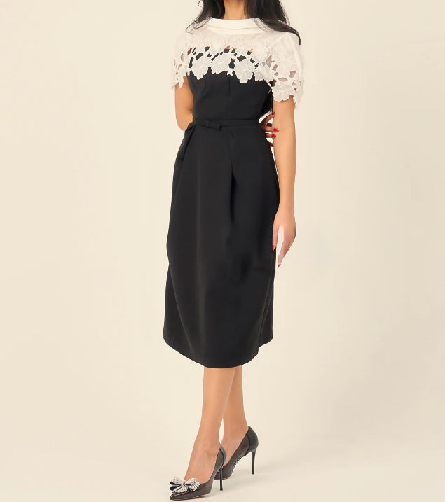 Elegant Black Midi Dress With White Lace Collar