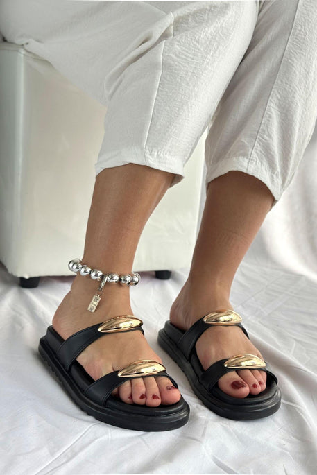 Leather Buckle Detailed Women's Slippers