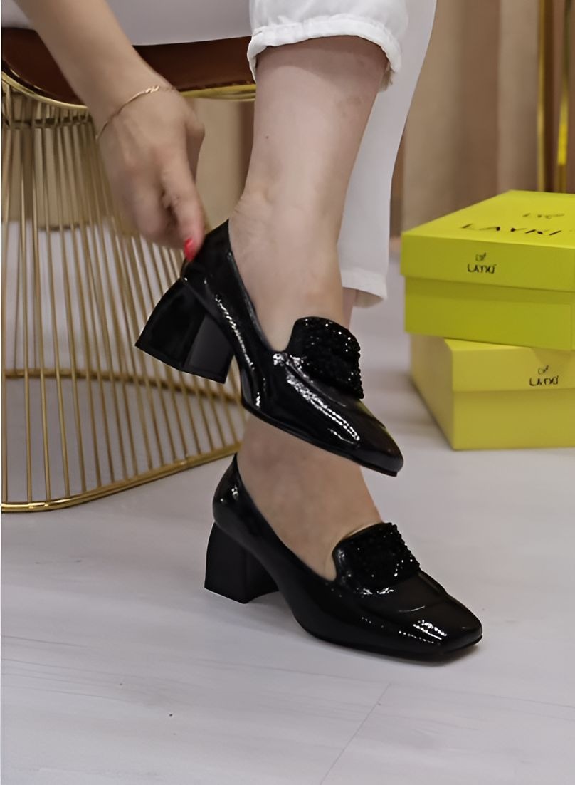 Black Polished Leather Square Heel Sandals