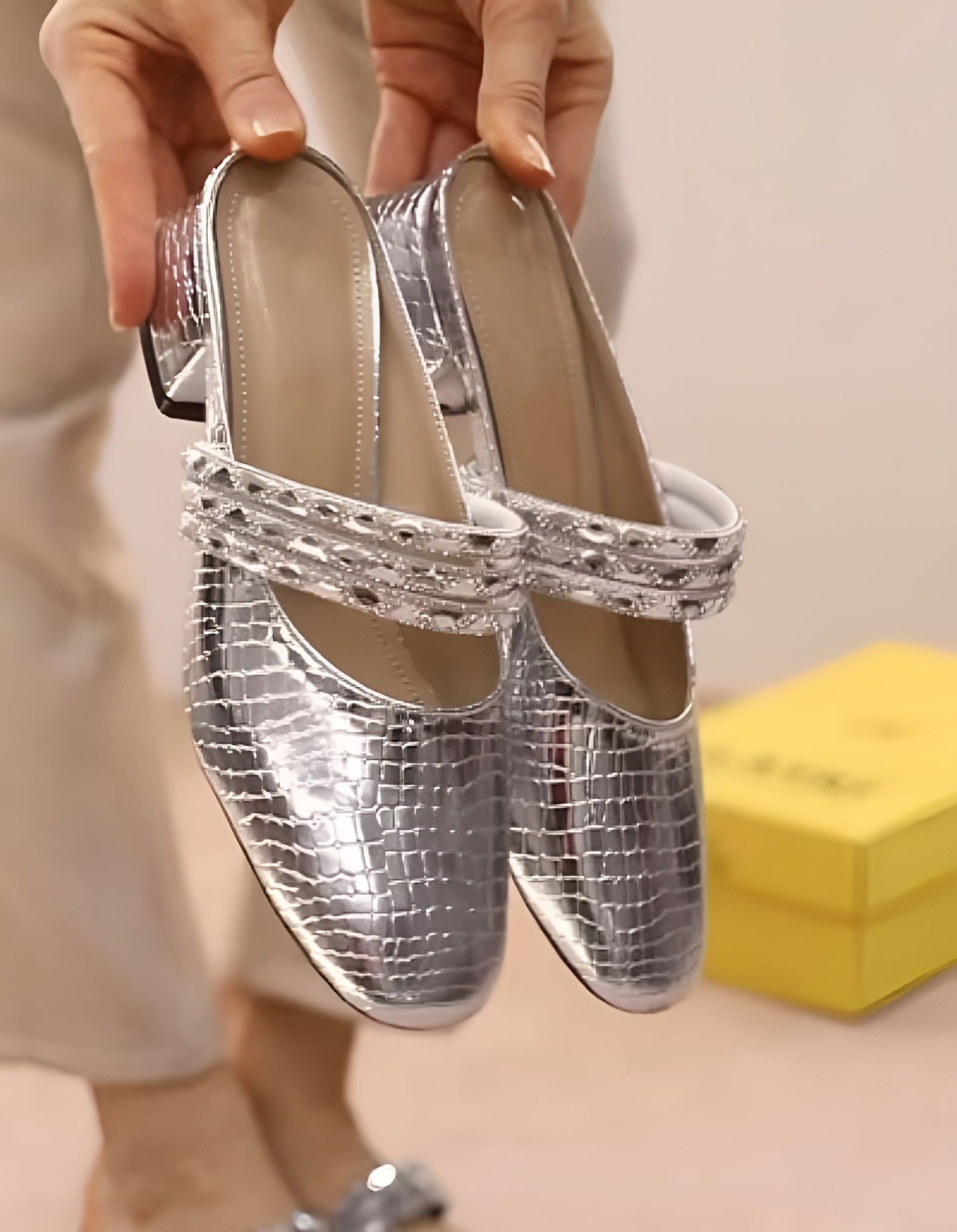 Shiny Leather Sandals With Rhinestones