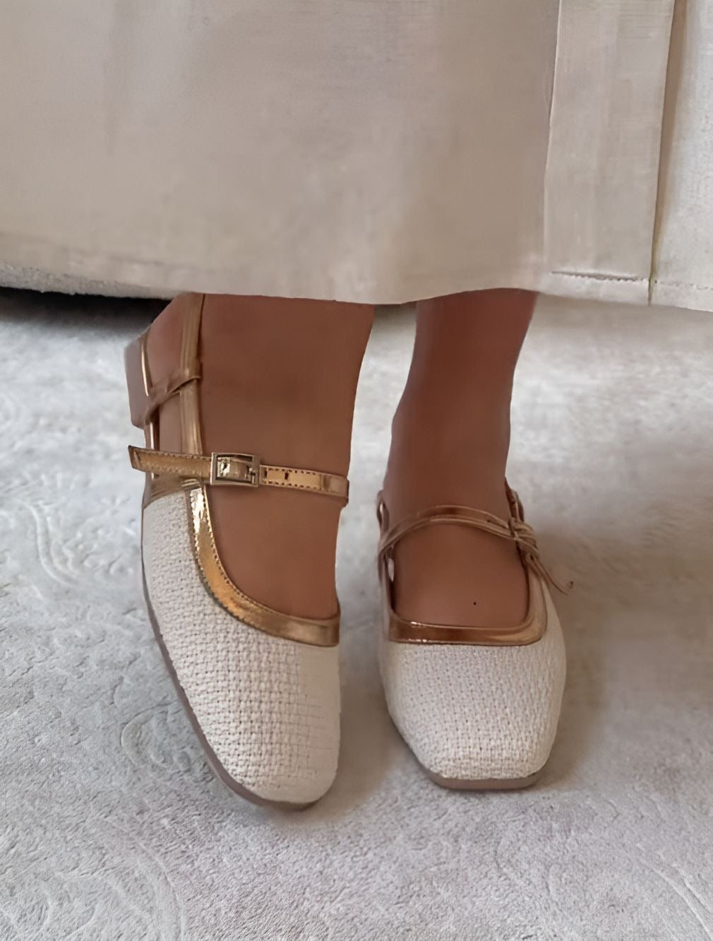 White Flat Shoes With Gold Buckle