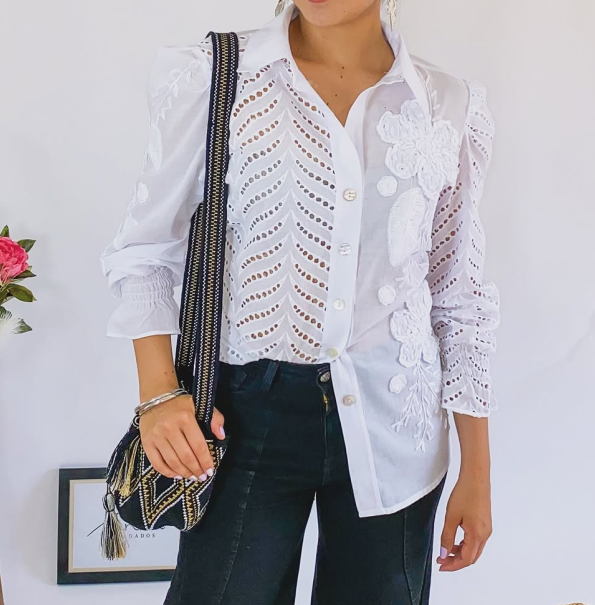 Hollow White Shirt With 3D Flowers