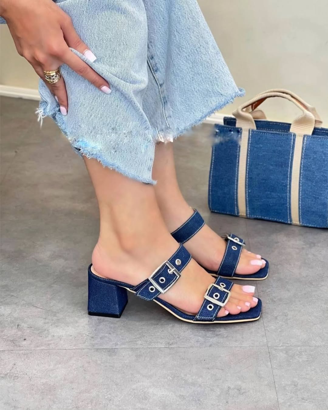 Versatile Denim Blue Block Heel Sandals
