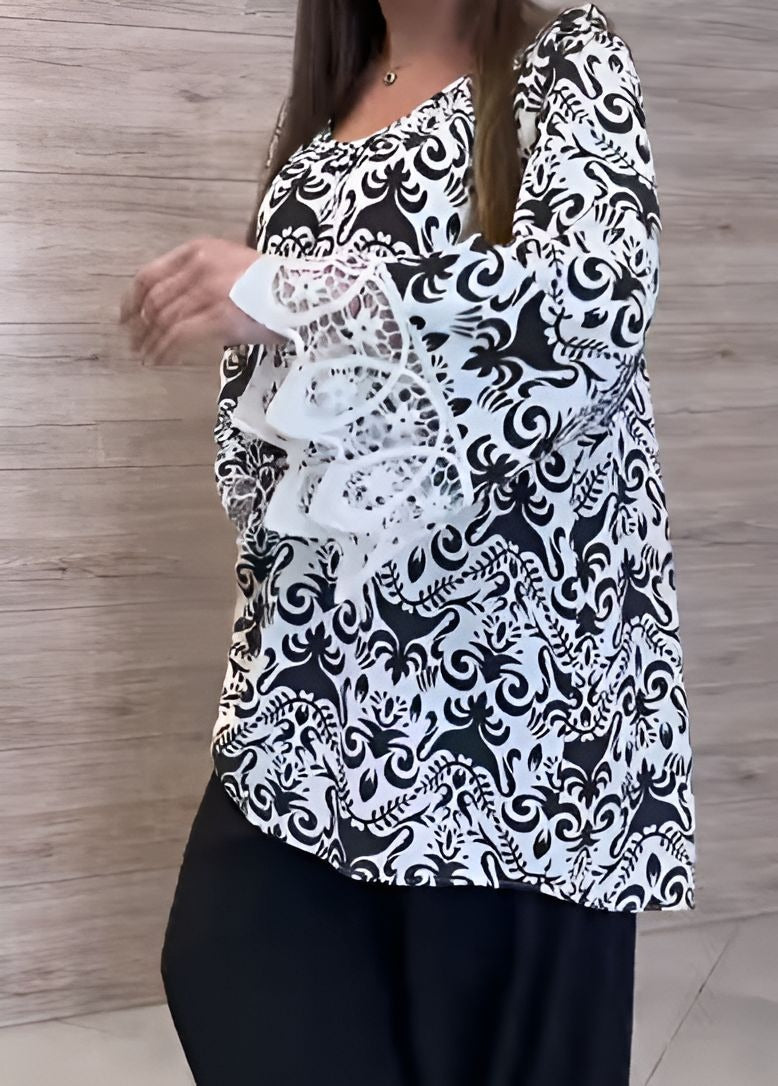 Black Floral Top With Lace Cuffs