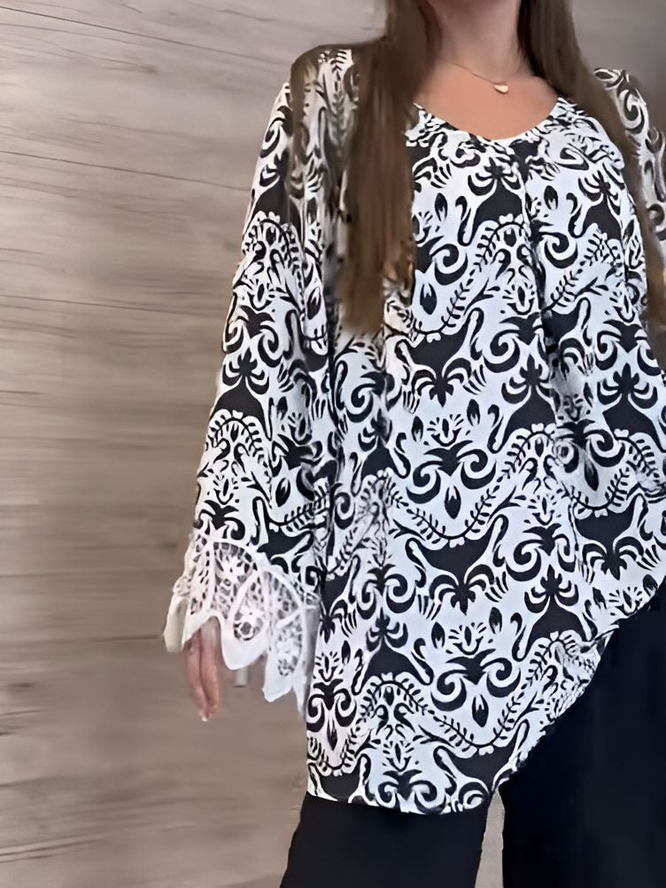 Black Floral Top With Lace Cuffs