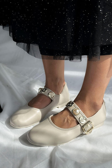 Leather Buckle Detail Women's Ballerinas