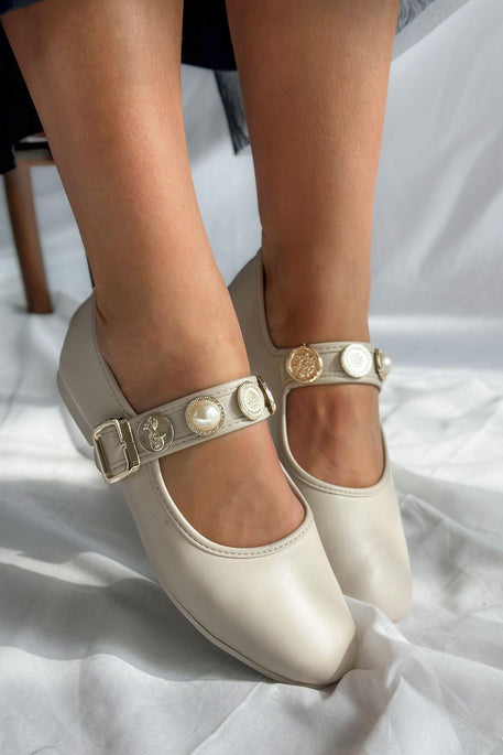 Leather Buckle Detail Women's Ballerinas