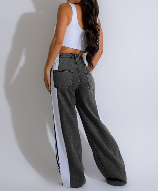 Fashion Stitching Three Stripes Wide-Leg Denim Trousers High Waist Elastic