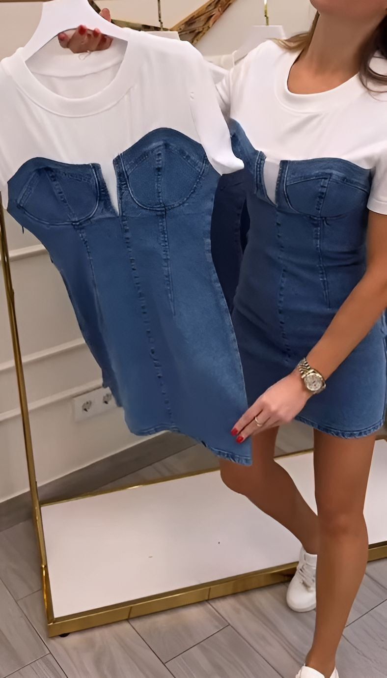 Denim & Tee Mock Two-Piece Short Dress