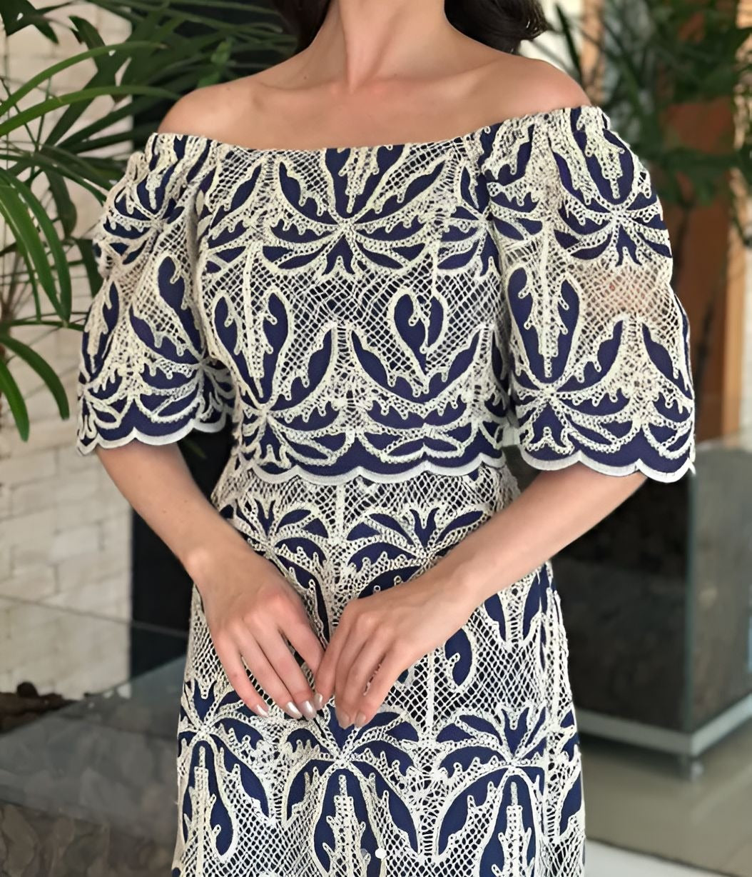 Navy Floral Square-Neck Dress