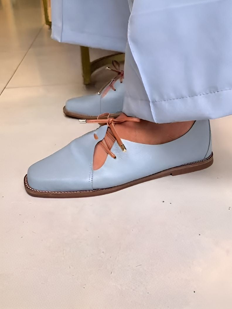 Blue Soft Leather Lace-Up Women Shoes