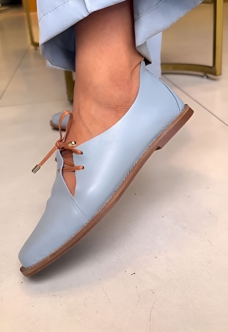 Blue Soft Leather Lace-Up Women Shoes