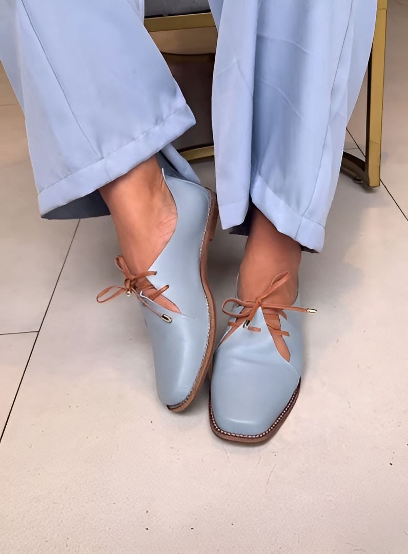 Blue Soft Leather Lace-Up Women Shoes