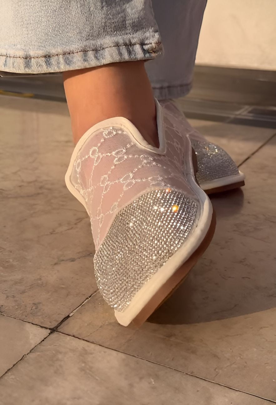 Embroidered White Flats With Sparkling Embellishments