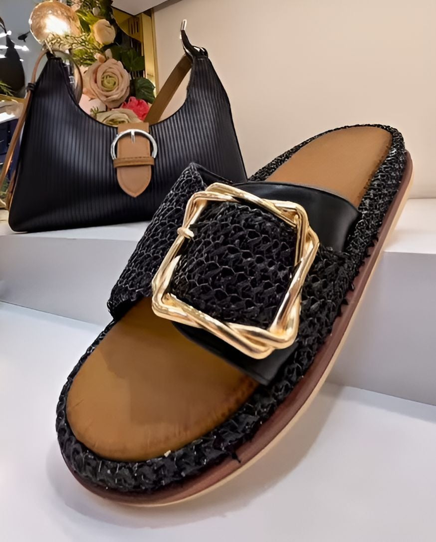 Metal Buckle Woven Slippers