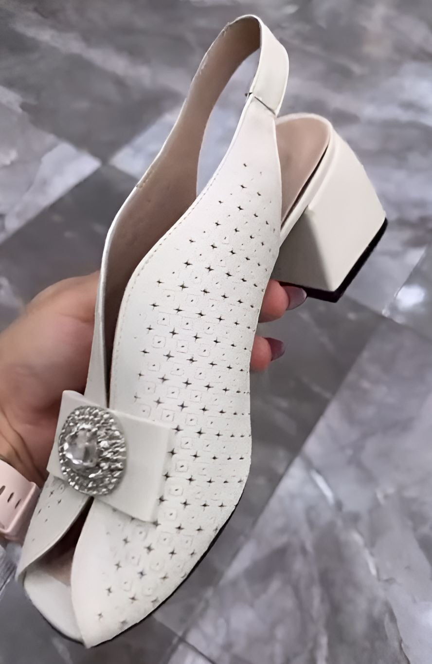 White Mesh Breathable Square Heel Sandals